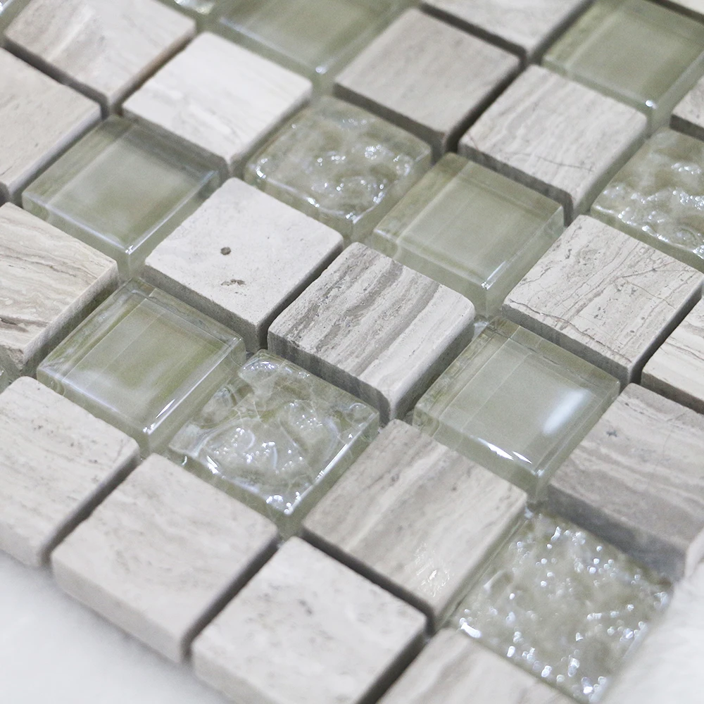 Grey Wood Grain Marble mixed glass mosaic anti slip bathroom tiles outdoor swimming pool wear-resistant tiles