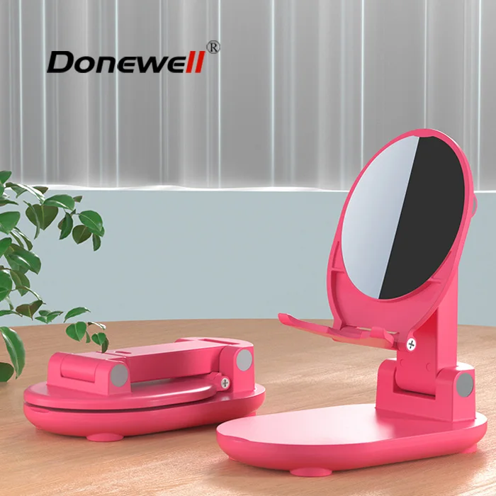 2021 pink folding cell phone holder with mirror adjustable desktop mobile phone stand holder for tablet
