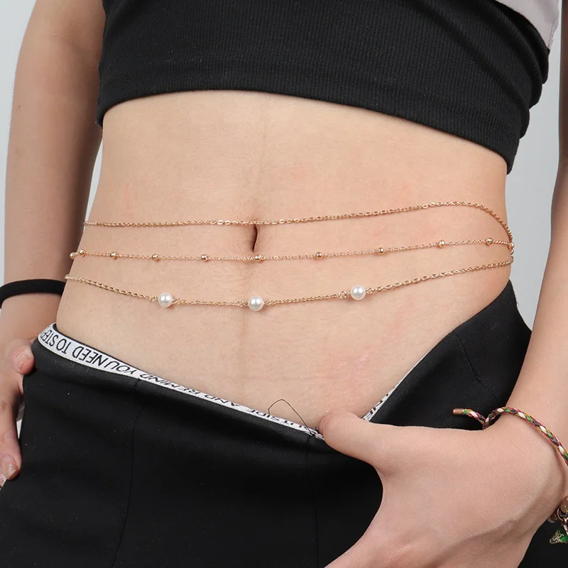 Fashion imitation pearl temperament multi-layer waist chain female simple bead fine chain body chain skirt dress accessories