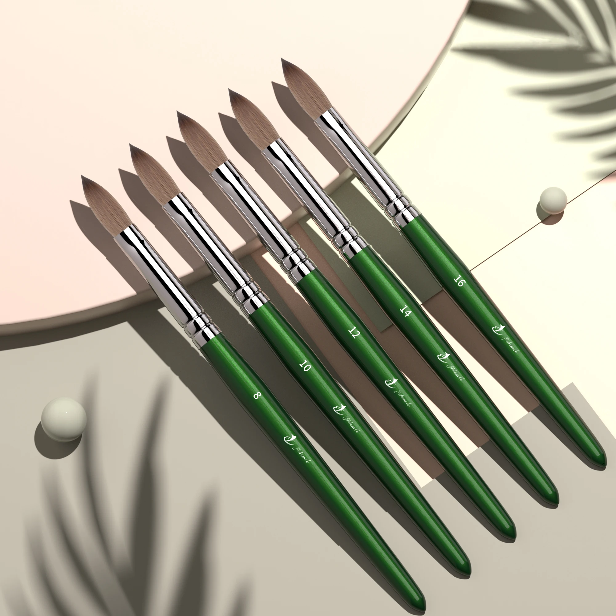 Wholesale OEM Packaging Silver Ferrule Green Wooden Crimped 100% Kolinsky Acrylic Nail Brush Nails size 8 10 12 14 16 18 20