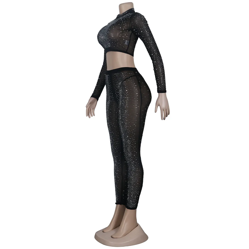 2022 R11126 - pants and crop top sexy rhinestones mesh see through transparent sheer long sleeve women outfits plus size