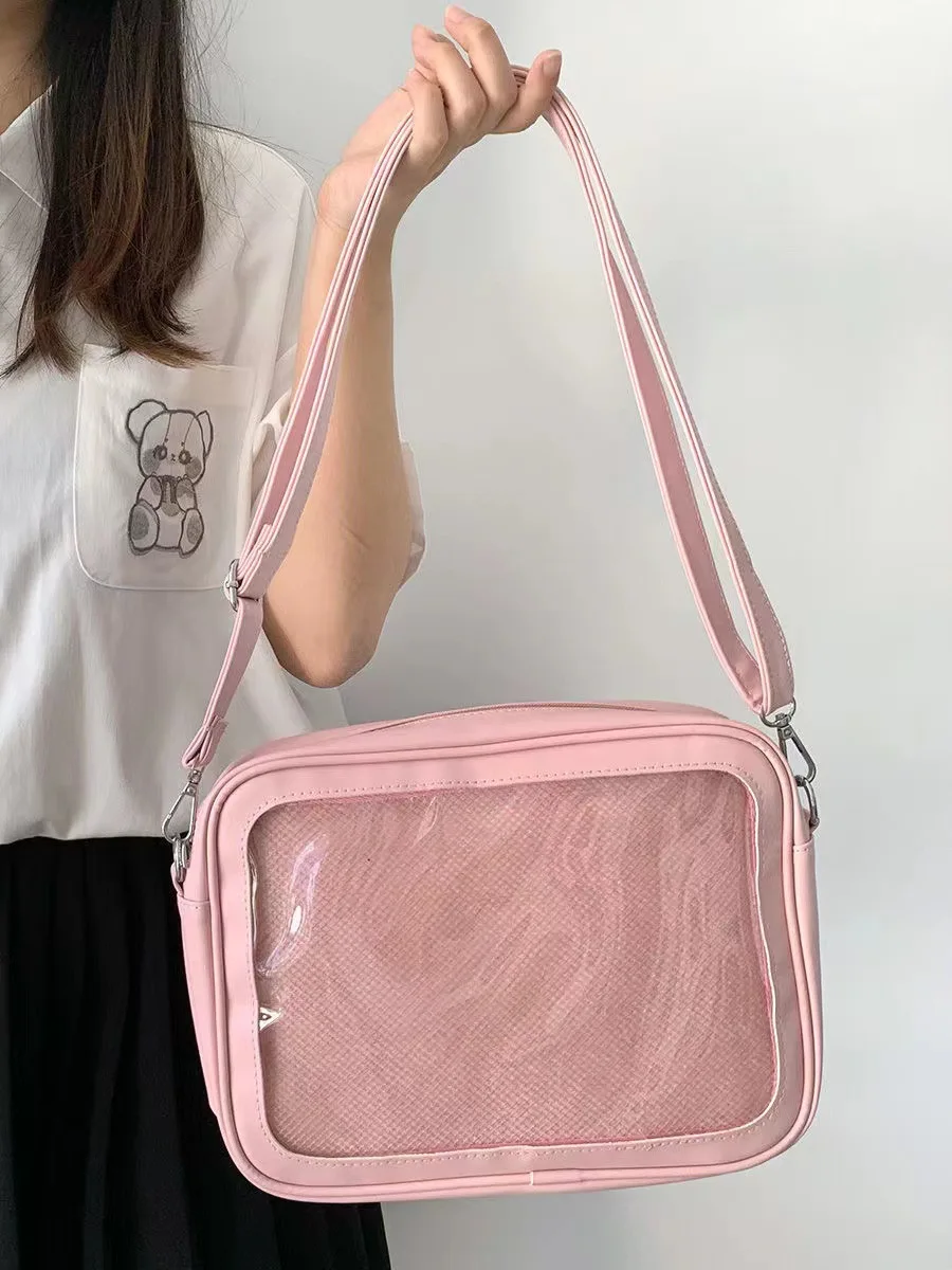Custom Japanese Lolita Style PU Leather Pin Display Crossbody Shoulder Bag Girl Teenage Lovely Ita Bag With Clear PVC Window