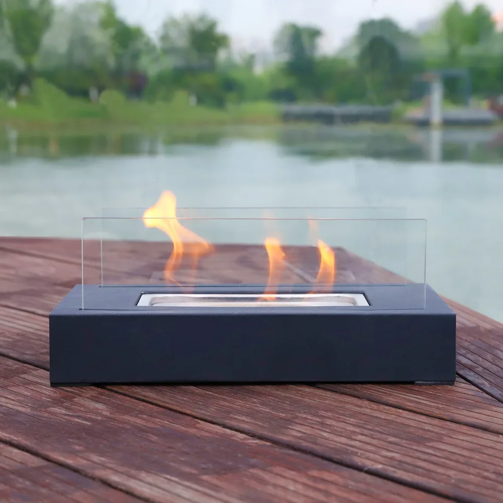 Realistic Burning Indoor Outdoor Fire Pit Portable Fire Bowl Pot Fireplace Rectangle Tabletop Bio Ethanol Fireplace In Black