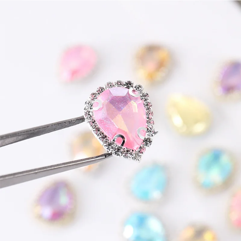 China Factory Wholesale 13*18 New Water Drop Shape Hand Stitched Glass Buckle Metal DIY Hair Accessories Shoe Buckle