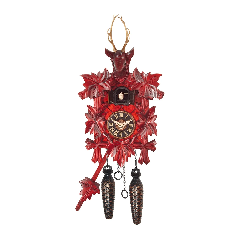 Wholesale Black Forest  Traditional Handmade 5 Leaf Cuckoo Clock With Deer In Red Made In Germany
