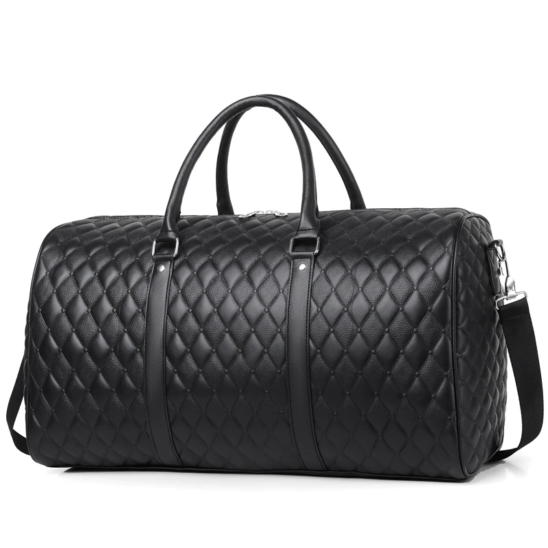 2022 new simple classic male weekend tote duffel bag black PU business men shoulder quilted embroidery leather travel bag