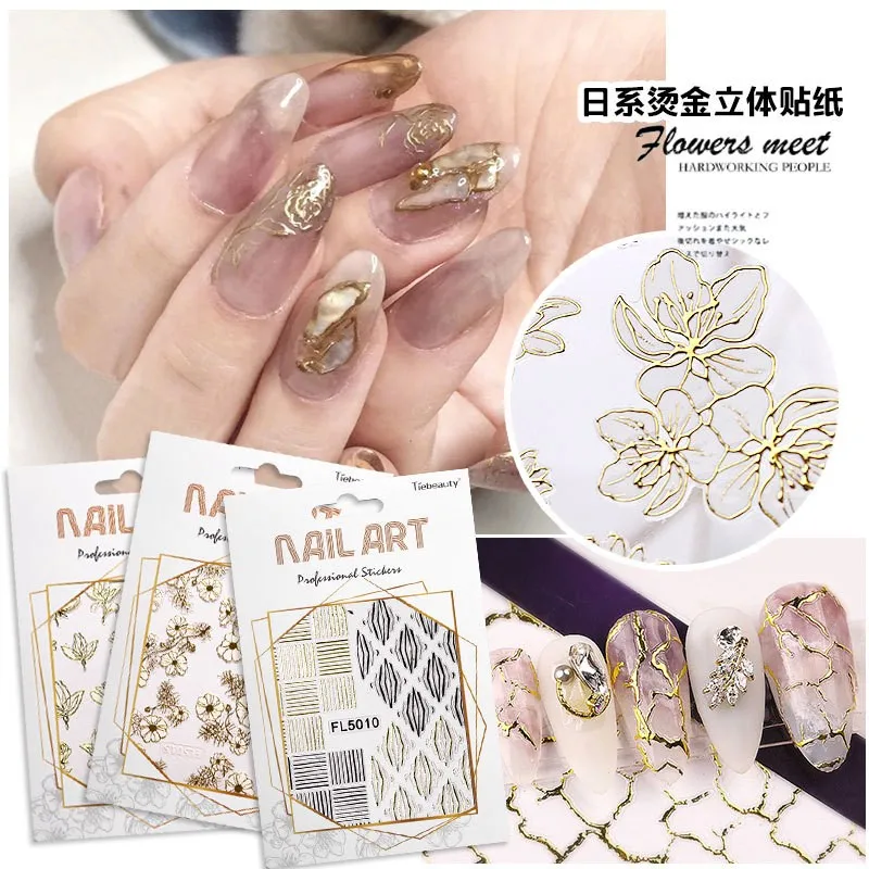 20 Design New 3D Bronzing Nail Stickers Gold Line Lace Flower Nail Decals Sticker DIY Adhesive Decoration