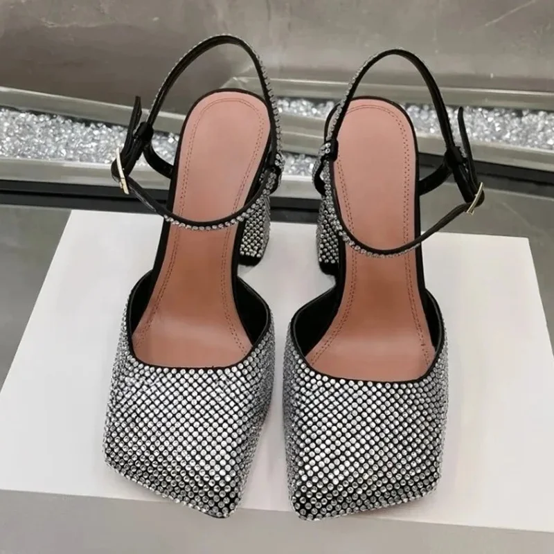 Large Size 45 Women Square Toe Rhinestone Mary Jane Sandals Candy Colors Banquet Party Chunky High Heels Wide Fit Satin Shoes