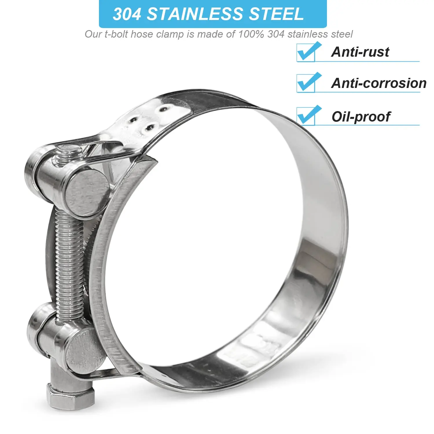 304 Stainless Steel Heavy Duty Pipe Clamp 2.68 to 2.87 Inch 68-73mm ID Range T-Bolt Hose Clamp