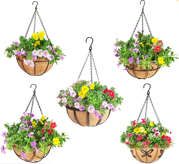 8-16 inch  Hanging Flower Basket Cocoanut Hanging Basket Iron Wall Hanging Cocoanut Flower Basket