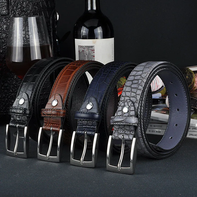 China Supplier Wholesale Embossed PU Leather Waist Belts Casual Style Prong Belt Buckle Crocodile Pattern Belt For Mens Jeans