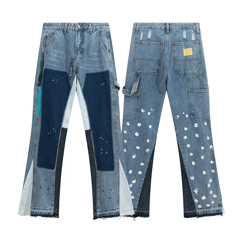 oem factory designer luxury high street mens hand print flare denim spliced cross dots raw cut patch ripped jeans mean jeans