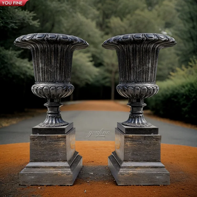 Outdoor Garden Natural Stone Carving Black Marble Planter Vase Garden Flower Pot