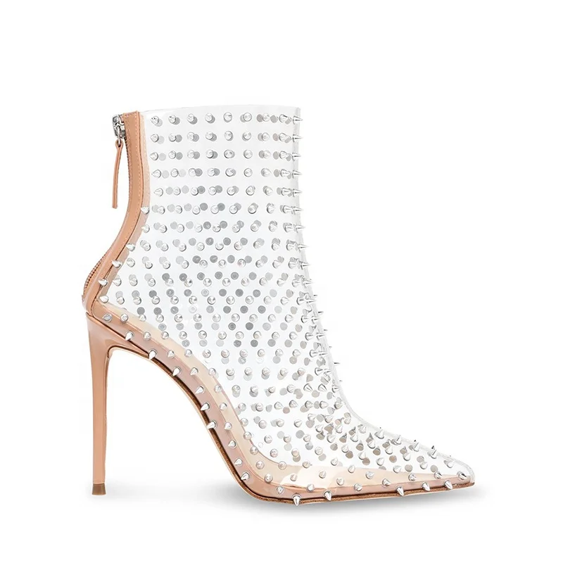 Large Size High Heel Transparent PVC Booties Clear Ankle Boots With Studs