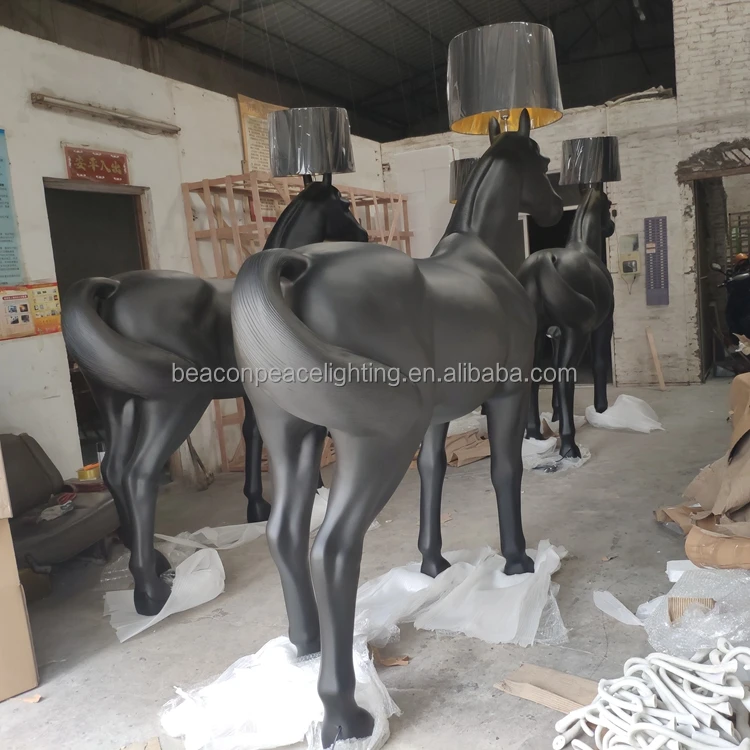Hotel Home Black Horse Lamp Decoration Lighting Large Resin Statue Standing Light Sculpture Floor Lamp