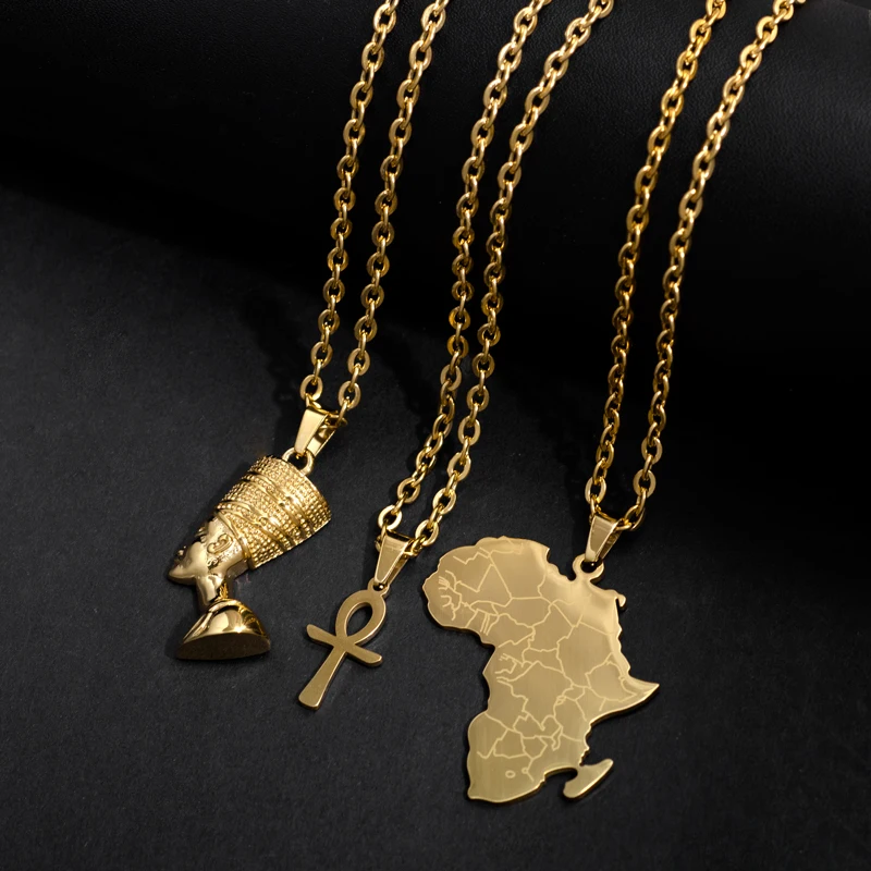 Hot Selling Waterproof Non Tarnish Jewelry Stainless Steel 18k Gold Plated Egyptian Queen Nefertiti Ankh Africa Map Necklace Set