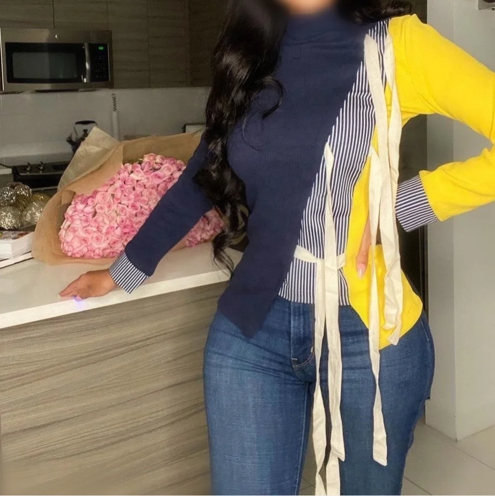 Winter Sweaters Women Chic Pullovers Color Block Blouse Patchwork Long Sleeve Lace-Up Turtleneck Casual Korean Knitted Tops