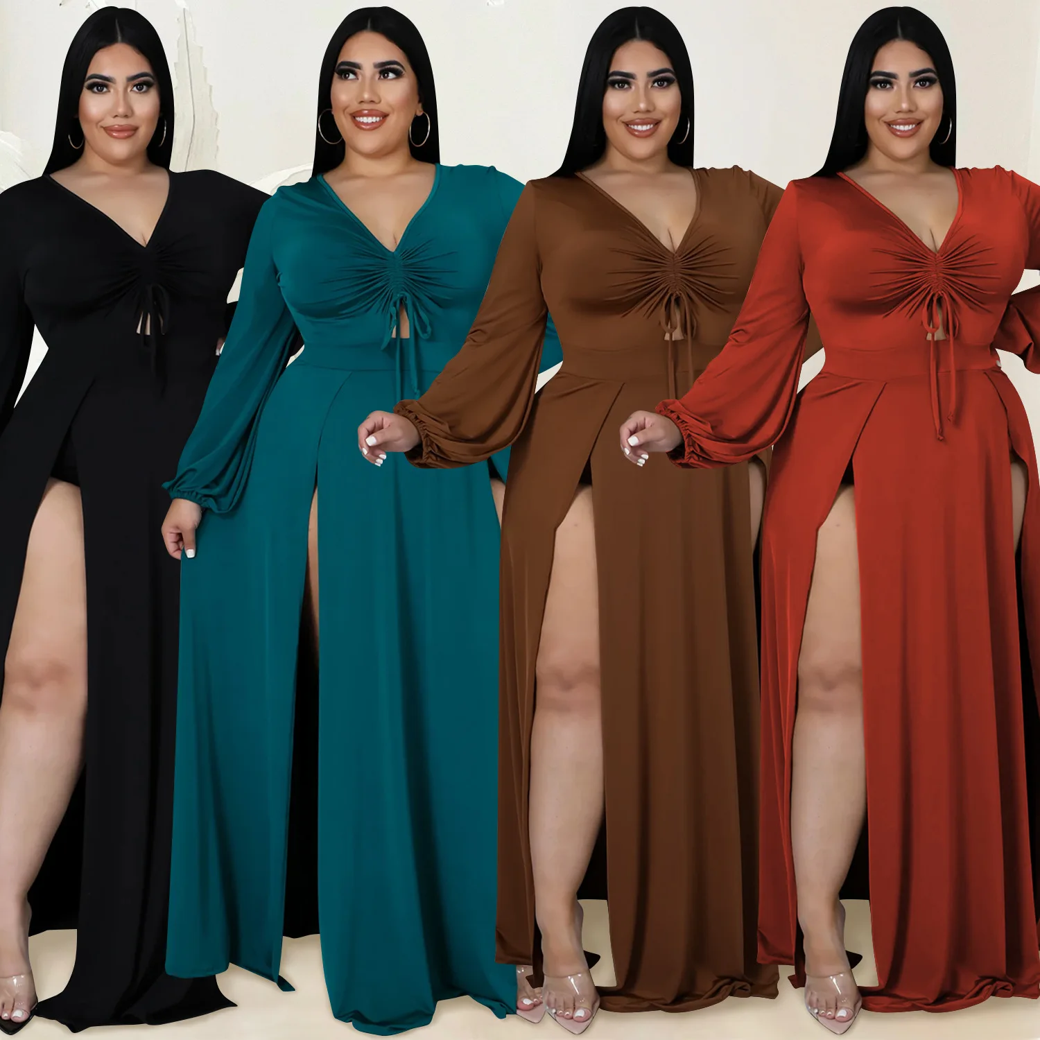 Maximum 5XL plus size V-neck long sleeve cut out slit maxi dress hollow out casual dresses with safety knickers