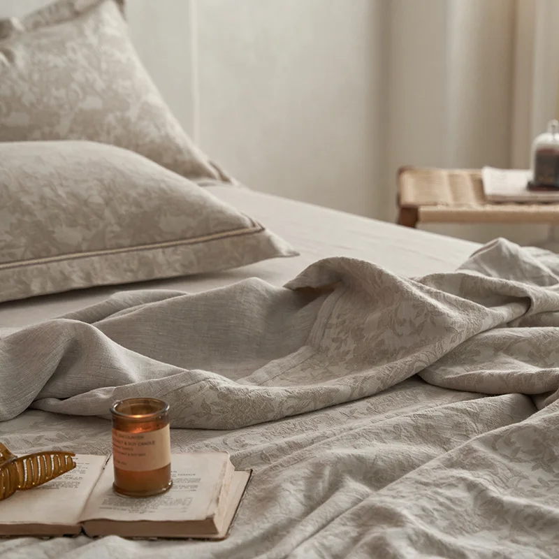 Japan Pure Linen Bedding Sets Queen King Size Embroidery Duvet Cover Flat/Fitted Sheet Bed Linen Hotel Style Home Textiles