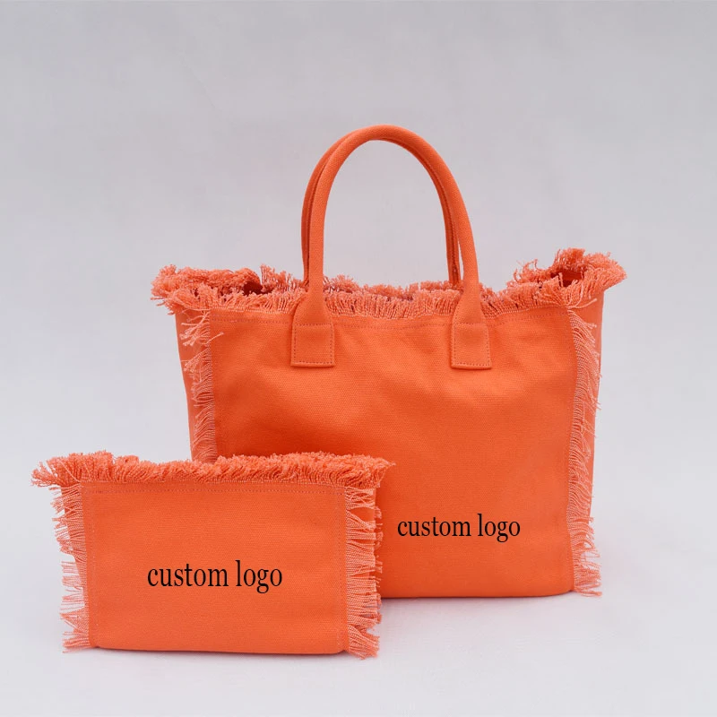 Customize Summer Popular New Women Hot Selling Tassel Canvas Fringe Tote Bags Large Capacity Beach Handbags Beach Bag with Purse
