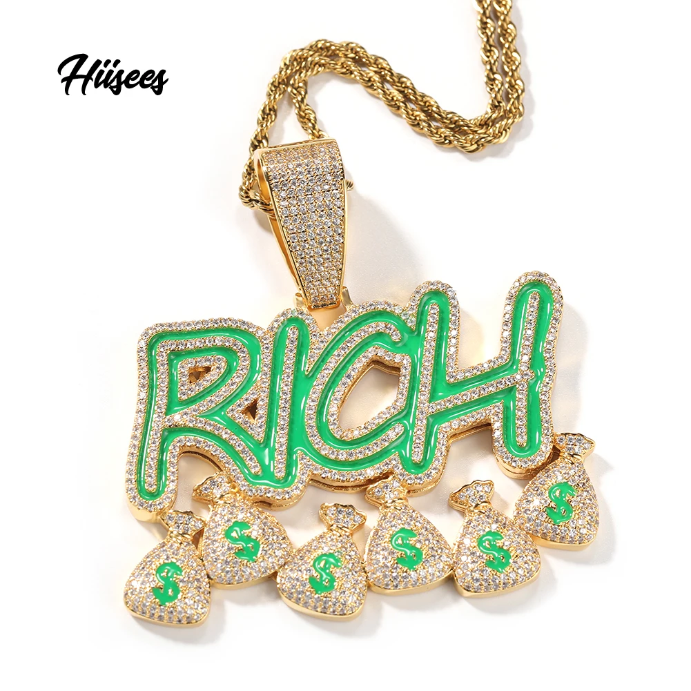 Green enamel money bag rich style iced out punk pendant hip hop dollar sign necklace boys gold plated necklace