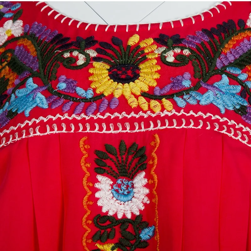 Mexican Embroidered Women Dress Flower Design Red Joyous Skirt Vintage Clothes ST0159 Casual Dresses Plus Size Short Sleeve