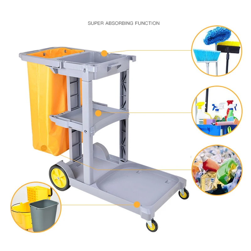 Supplies Commercial Hotel Room Plastic Housekeeping Service Janitor Cart Cleaning Trolley with Refuse Bag