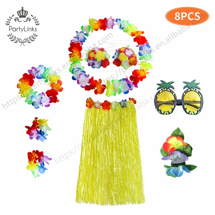 1set Plastic Fibers girls Woman Hawaiian Favors Grass Skirt Cheap costume Flower Hula Skirt 60cm dance dress Party Hawaii Beach