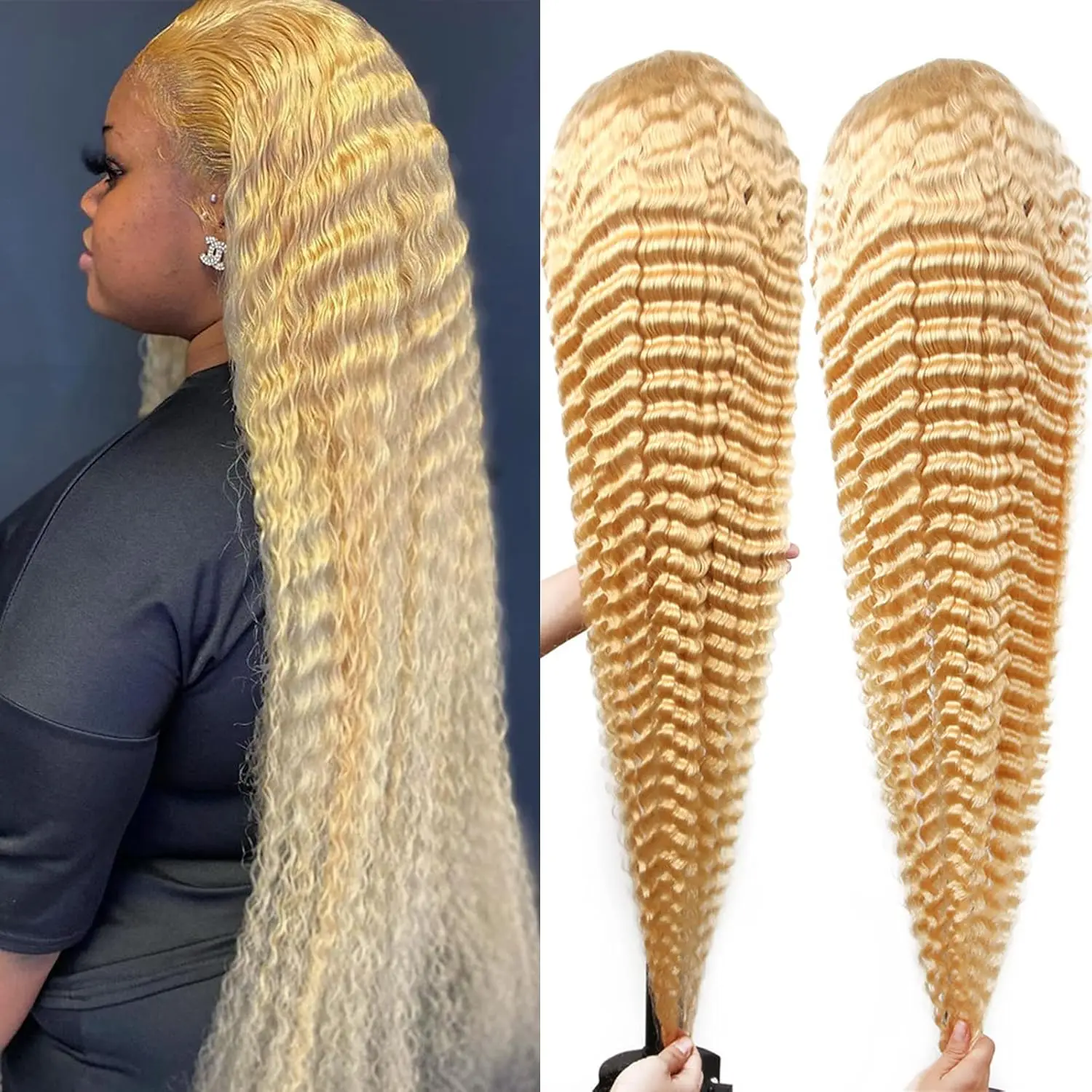 Glueless 613 Blonde deep Wave Brazilian 100% Human Hair 13x4 13x6 HD Transparent Lace Front Wigs Natural Hairline Honey Blonde