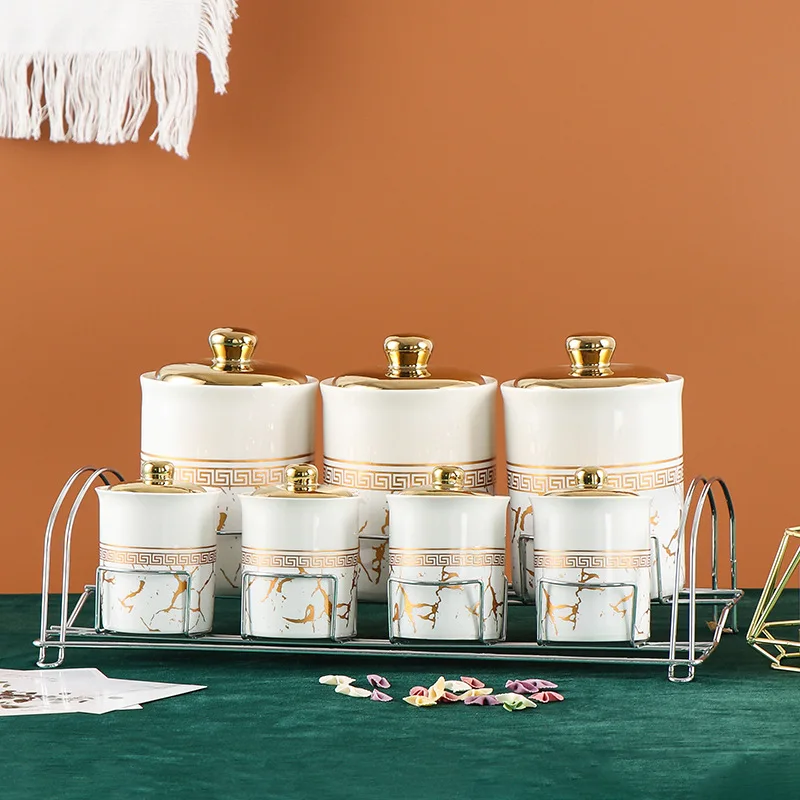 Kitchen Sealed Jar Set Food Container with Shelf Ceramic New Marbled Black Gold and White Gold Multifunction Kitchen Storage