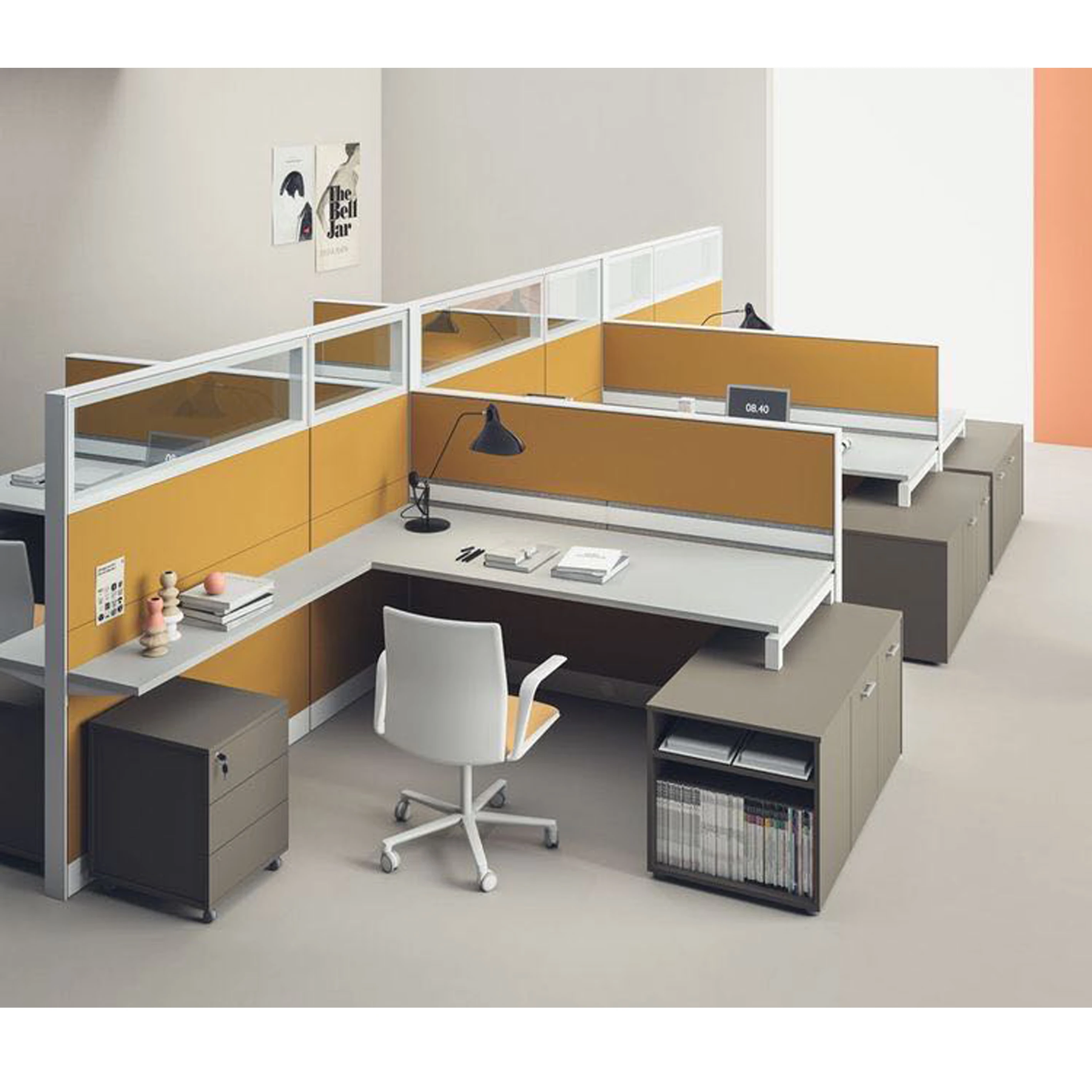 Офисные разделители по заводской цене рабочее место на 2 Выдвижных Ящика L-образной формы человека со стеклянным разделителем офисный стол