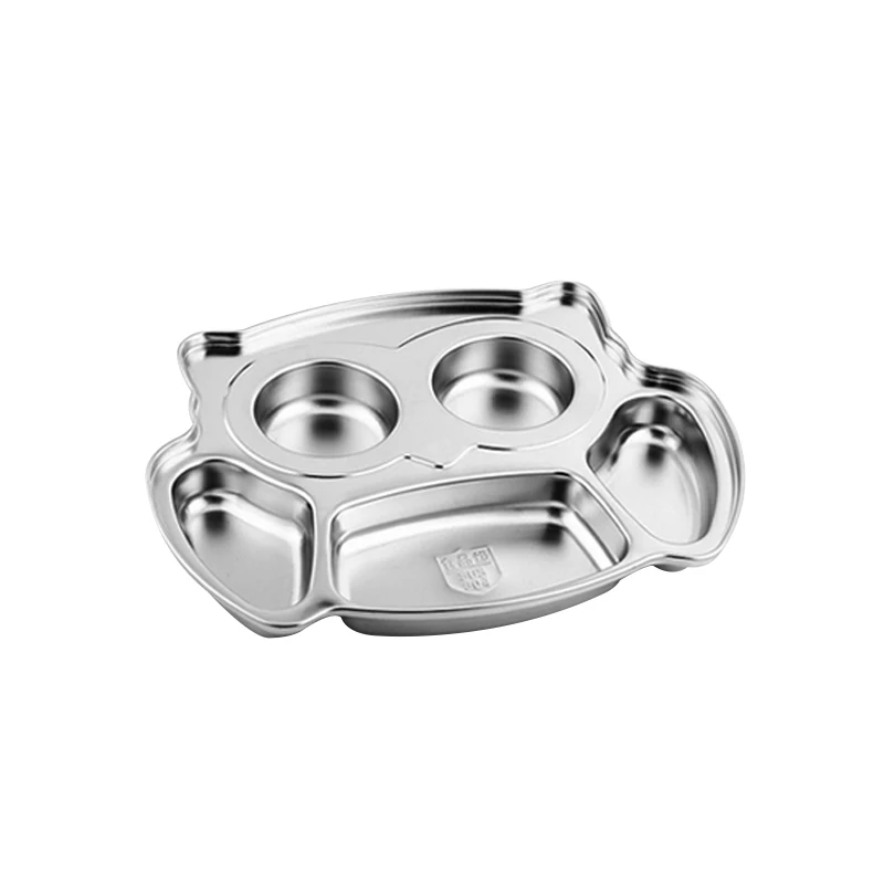 High Quality Cartoon Kids Plate 304 Stainless Steel Lunch Tray Owl Shape 5 Compartments Food Plate Set for Kid