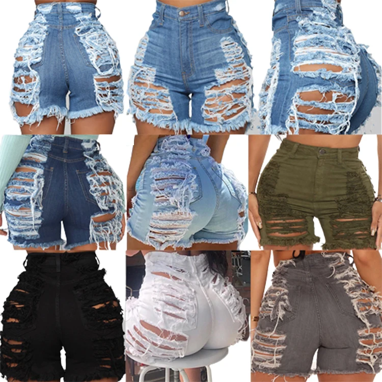 QIANZI New Women Demin Shorts Hole Button Fly Destroye Shorts For Women Sexy Stretchy Summer Ripped women jean shorts 2023