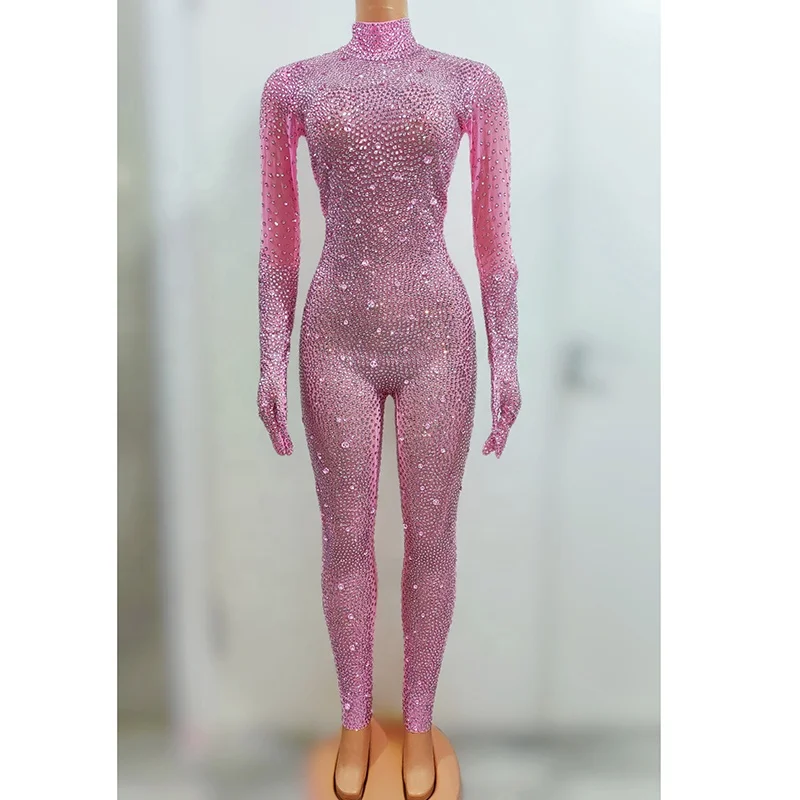 Sexy Long Sleeve Rhinestone Bodysuits Show Cosplay Costume Club Party Dancer Leotard Bodycon Romper Women One Piece Jumpsuits