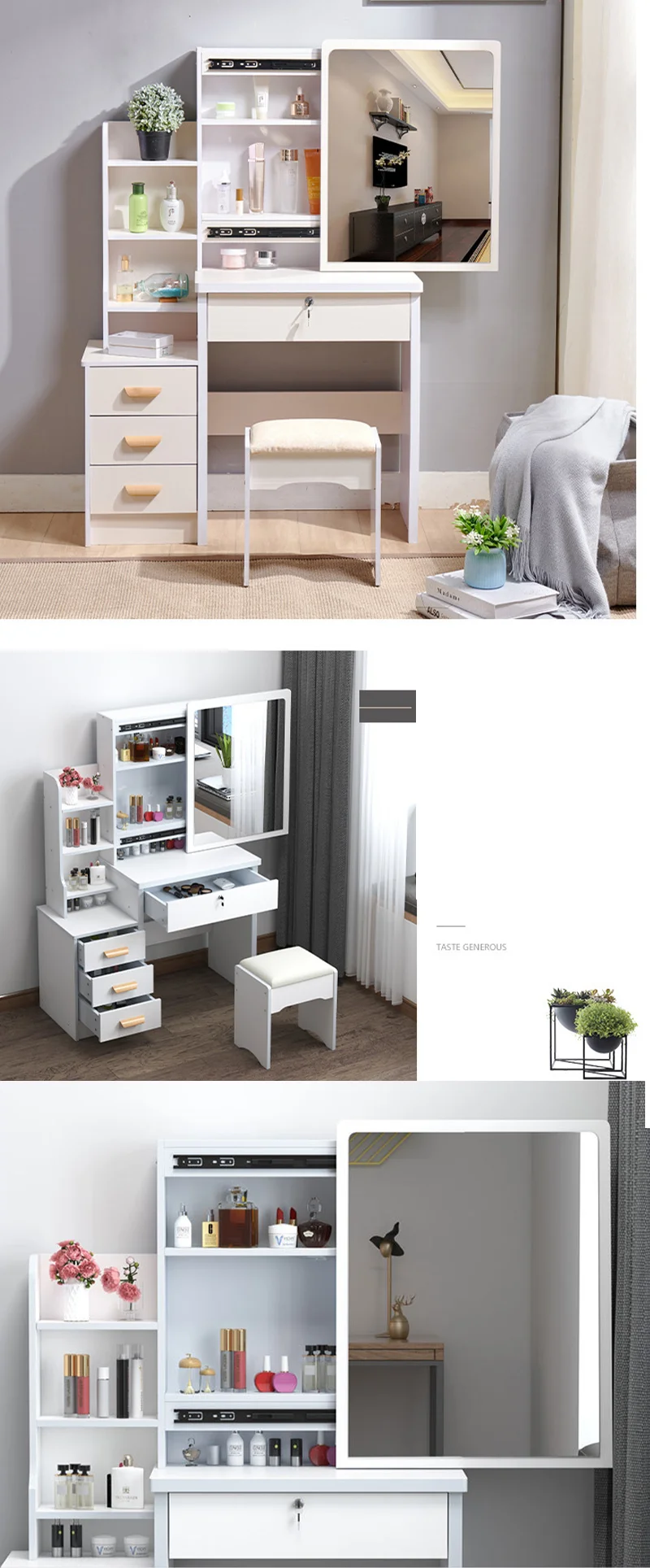 Durable Modern Light Up European Drawers Storage Dressers Nordic White Vanity Makeup Dressing Table With Mirror Lock And Stool