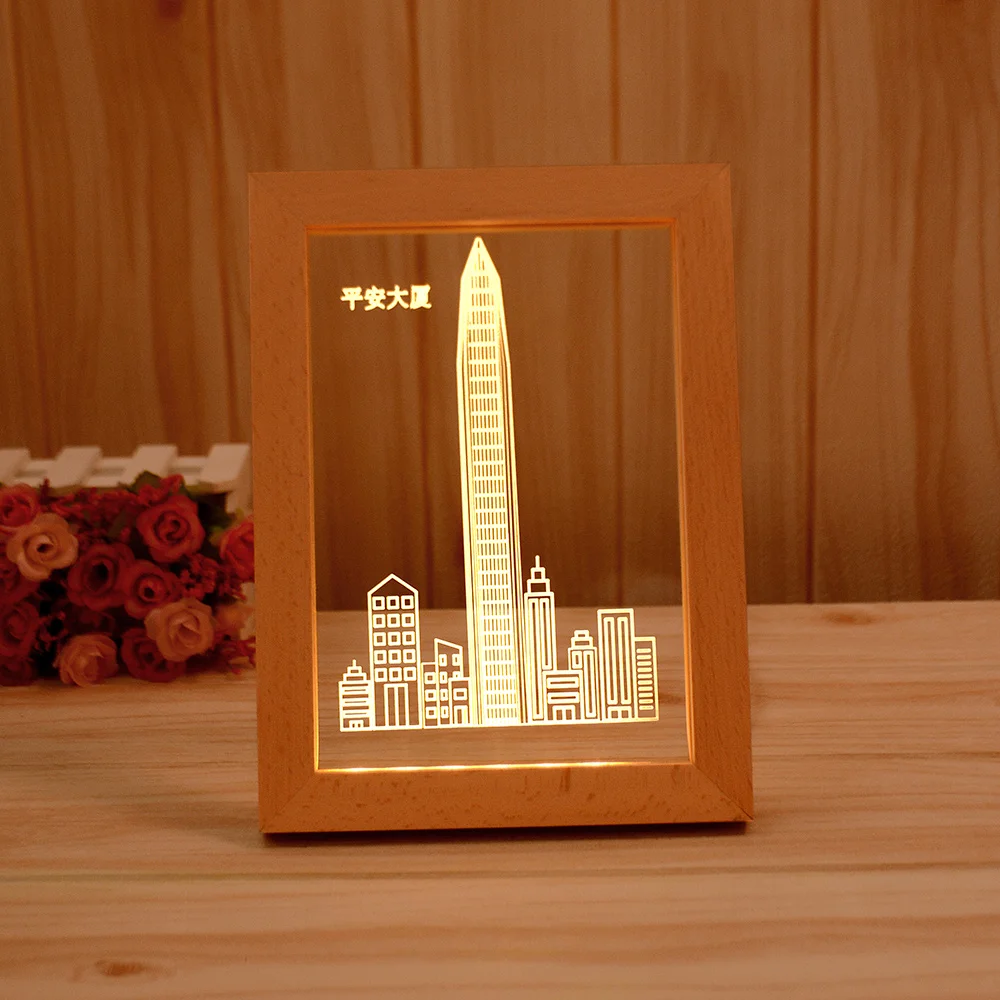3D LED Table Night Lamp Acrylic Frame Light Wood