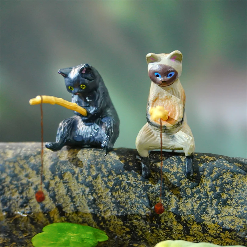 Cute Cat Figurines Aquarium Fish Tank Aquarium Pendant Cat for Fish Tank Aquarium Landscape Cat Fishing Figurine