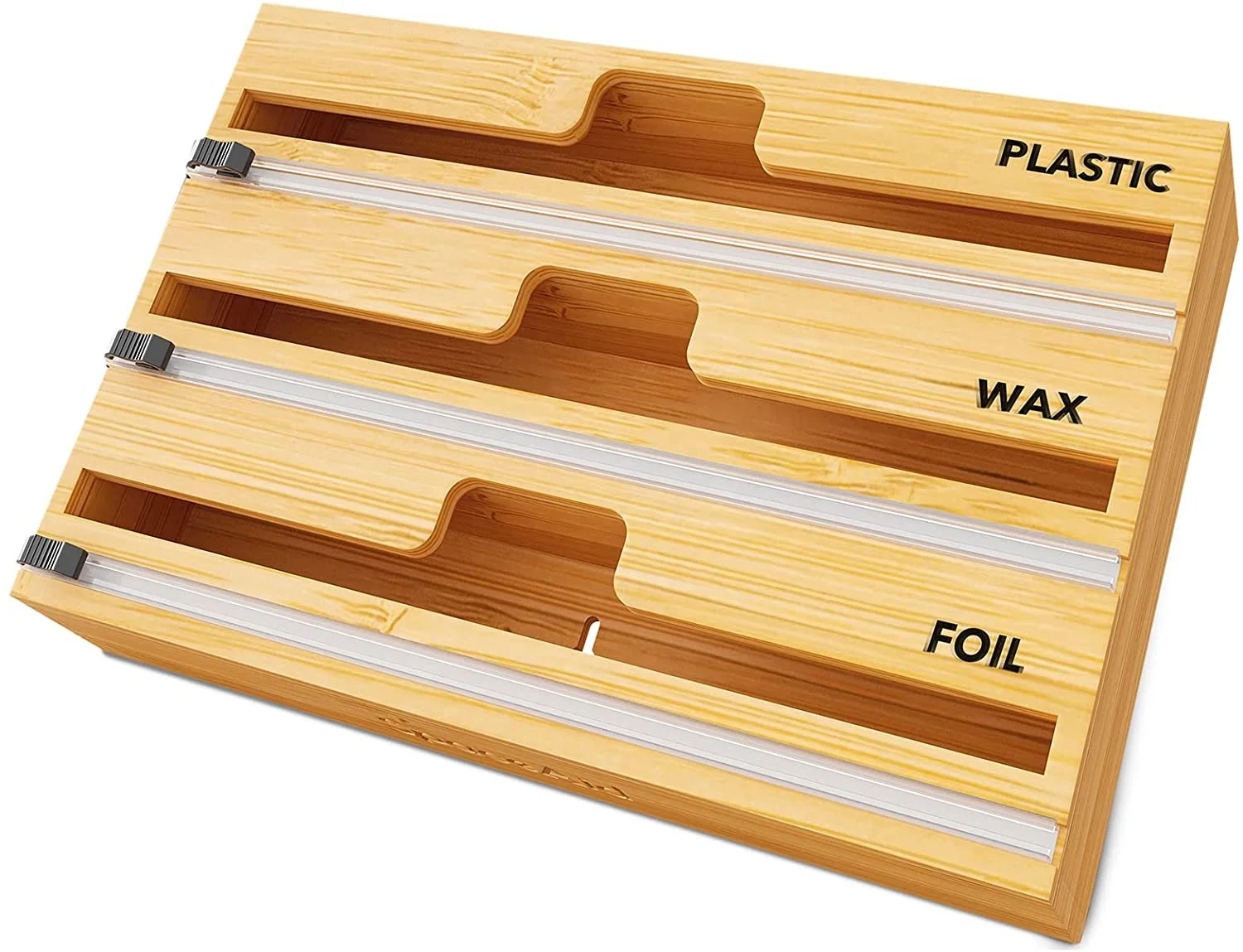 Bamboo Kitchen 3 In 1 Plastic Wrap Aluminum Foil and Wax Paper Roll Dispenser Organizer Holder with Cutter