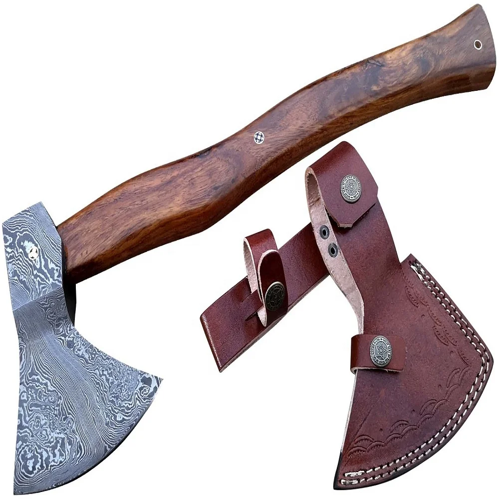 DAMASCUS STEEL TWISTED PATTERN HUNTING AXE WITH ROSE WOO HANDLE WITH MOSAIC PIN (U-AXE-012)