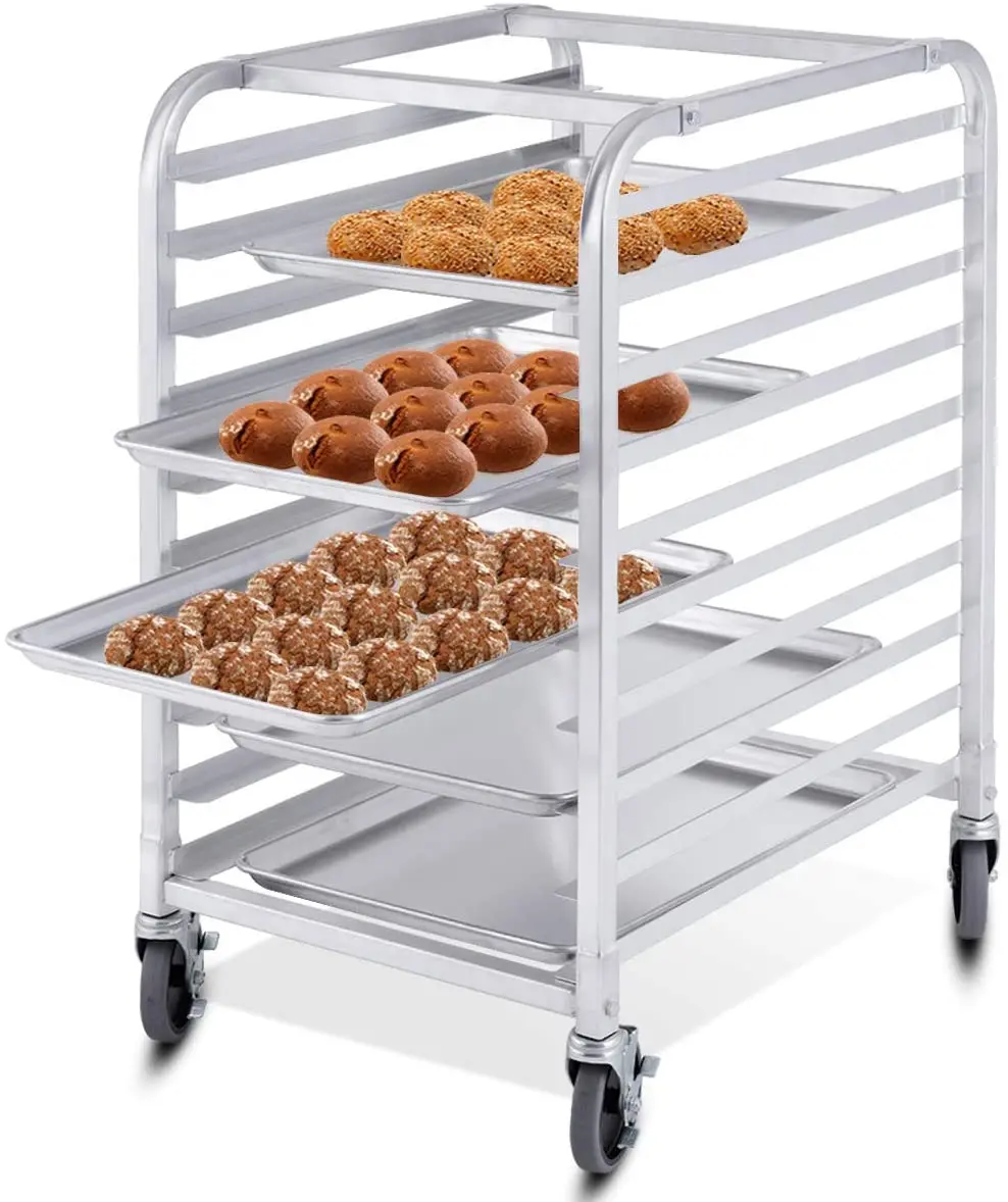 2 Lockable Wheels Bakery Rack 10 Sheet Aluminum Storage Cooling Trolley with Open Shelf for Bakery