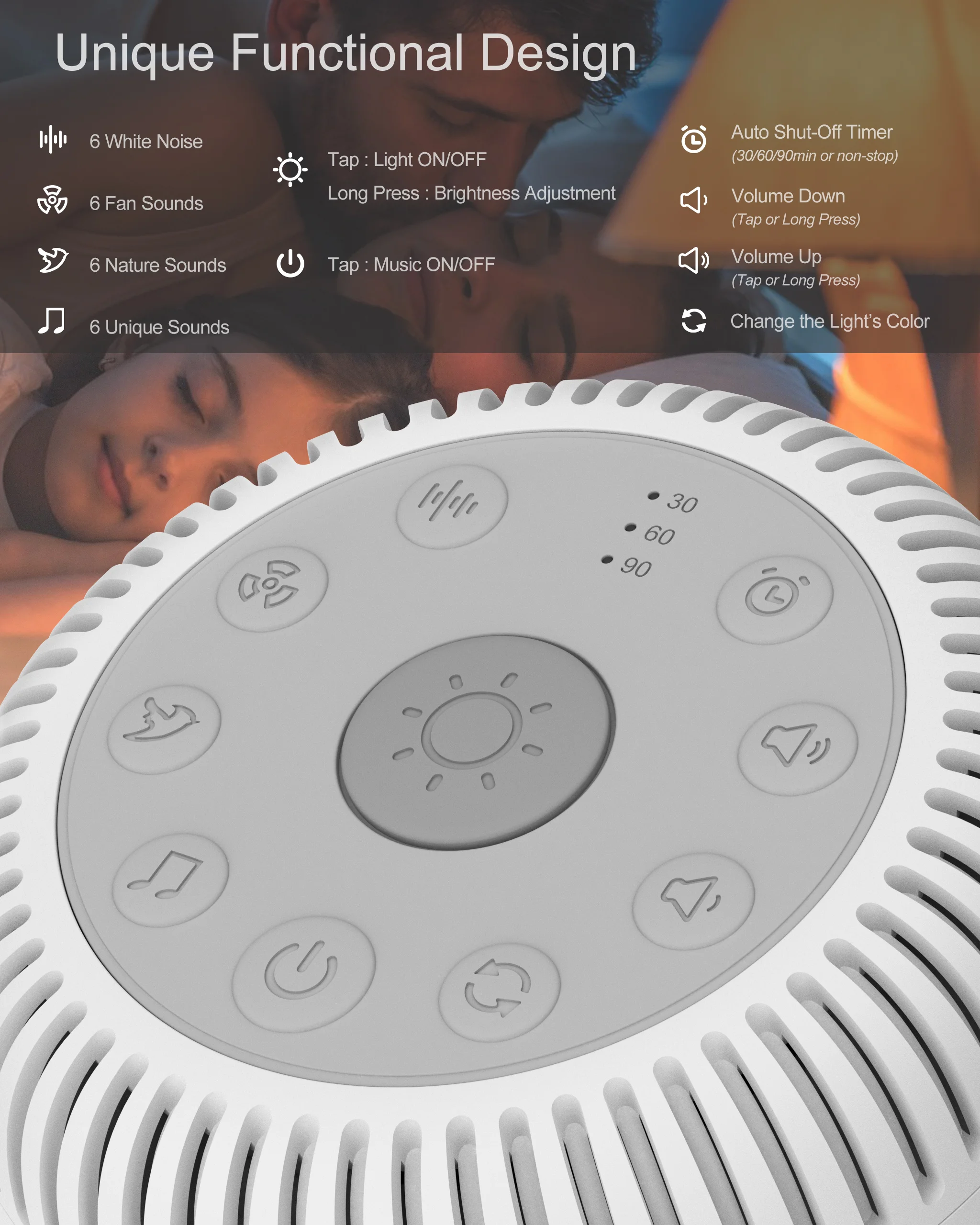 Household portable adult baby white noise sleep machine 24 sounds white noise machine with 10 RGB night light breathing light