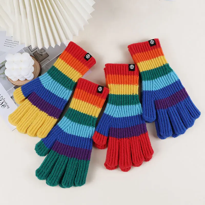 Rainbow Striped Knitted Gloves For Women Autumn Winter Thickened Korean Color Dew Two-Finger Touch Screen Gloves Couples Riding