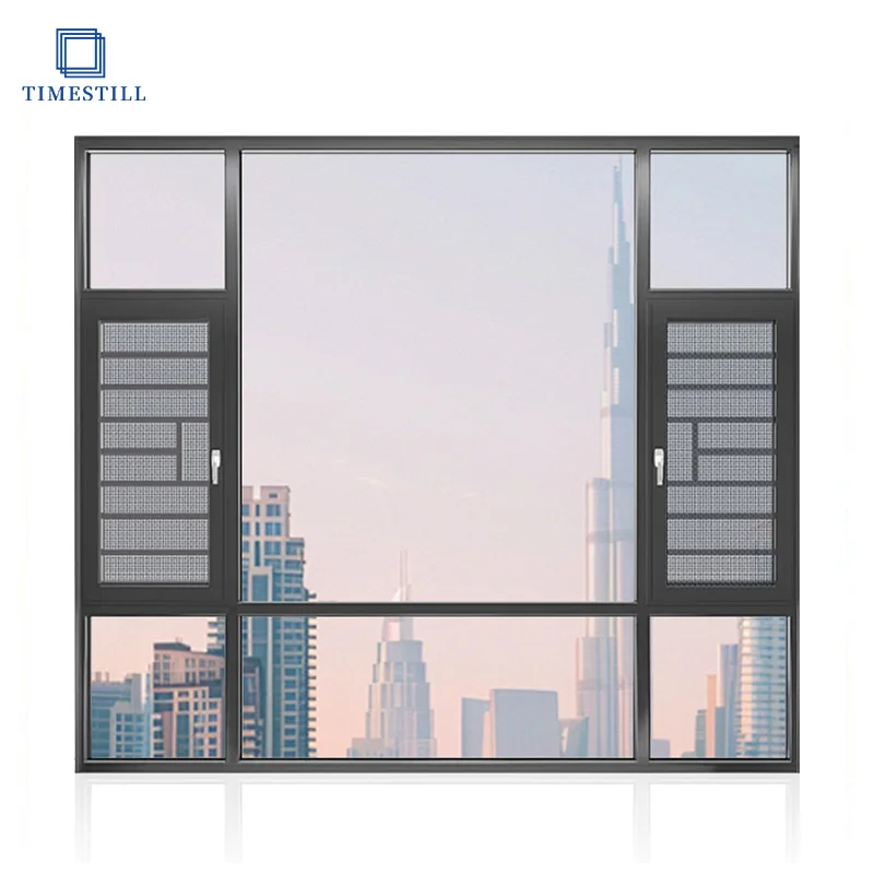 Aluminum casement window with mosquito net in black, insulating tempered glass, high thermal and acoustic insulation performance