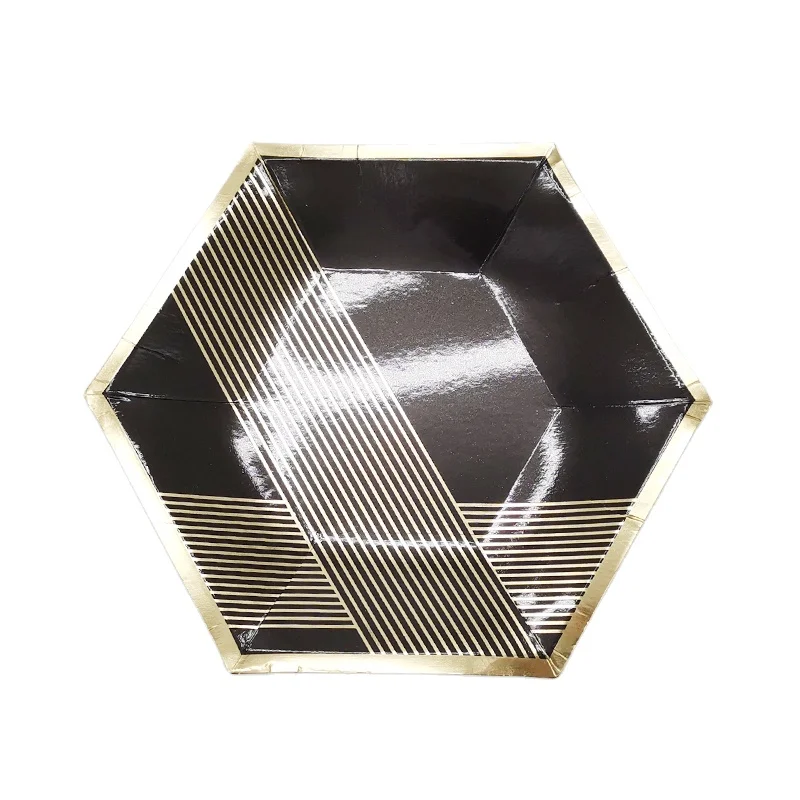 Disposable 7inch hexagon style V stripe gold stamping paper plates