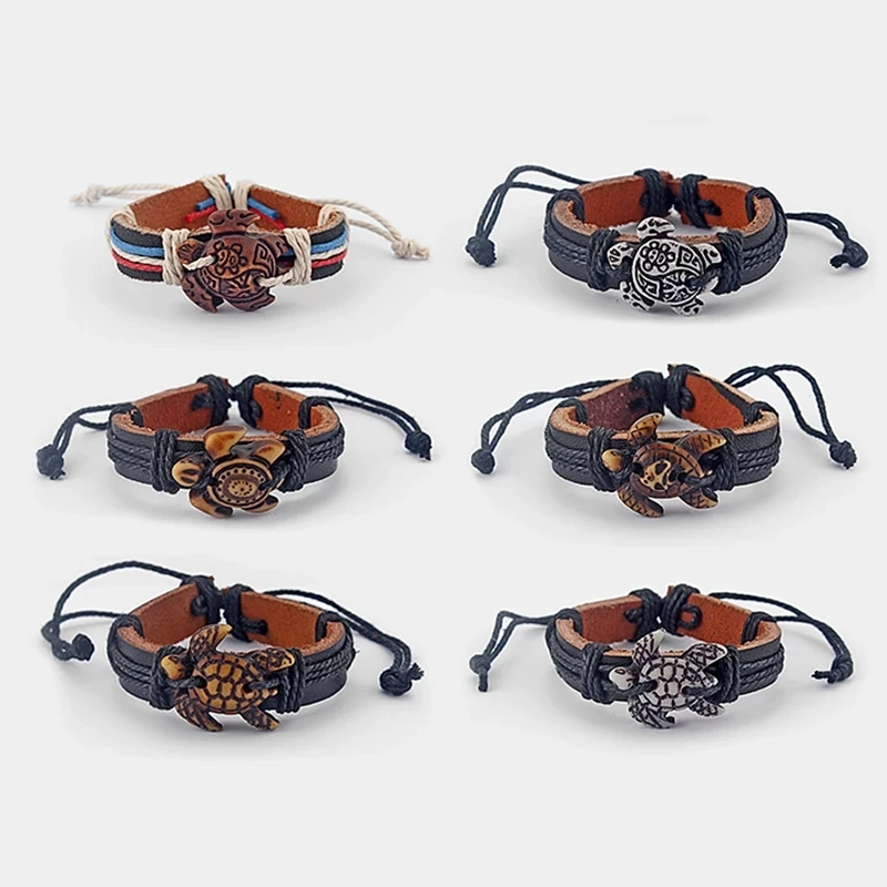 Tortoise White/Brown/Rasta Tribal Sea Surfer Charm Turtle Leather Bracelet Surf Bangle