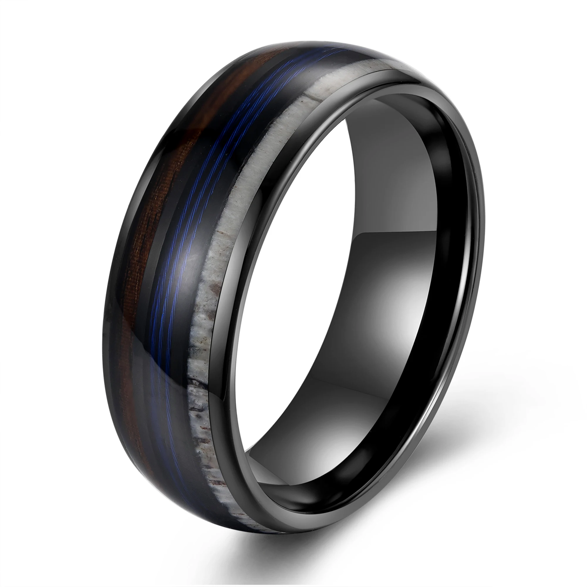 Flat 8mm Black Tungsten Ring With Whiskey Barreal Wood And Fish Line Ring And Deer Antler Inlay Jewelry