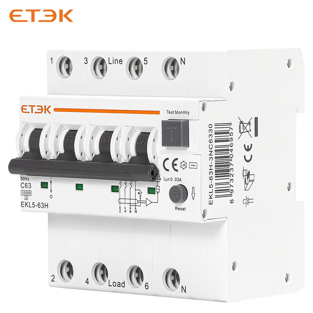 ETEK Type AC 3Pn RCBO  63A   C Curve breaker protection devices of three-phase circuit disjuntor disjuntor de corrente residual