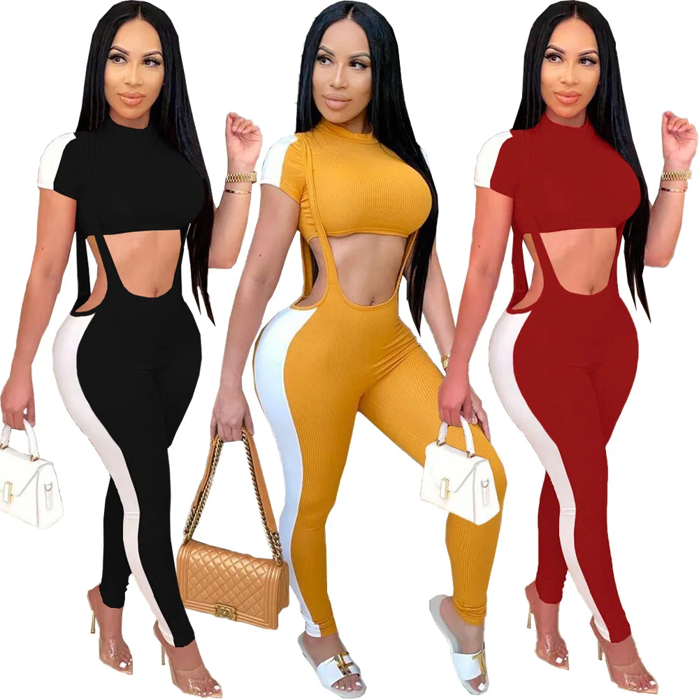 2022 New Arrivals Fashion Women Casual O-Neck Short Sleeve Crop Side Striped Suspender Pants 2 Pieces Set Outfits Jumpsuit