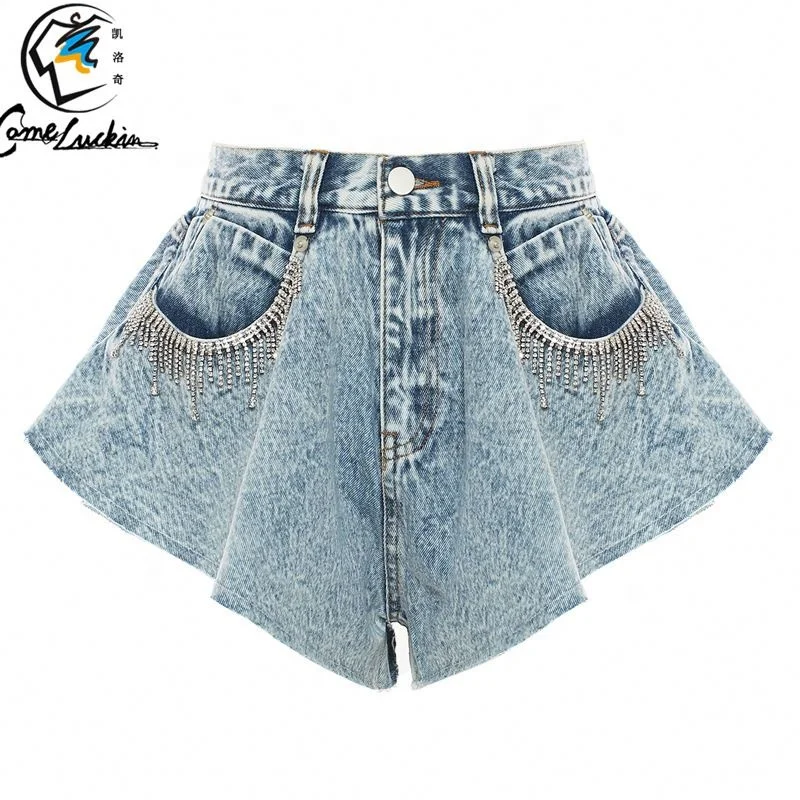 Summer 2023 woman sexy denim shorts rhinestone tassel chain Girls Shorts High Waist Wide Ruffle Sexy Shorts For Women