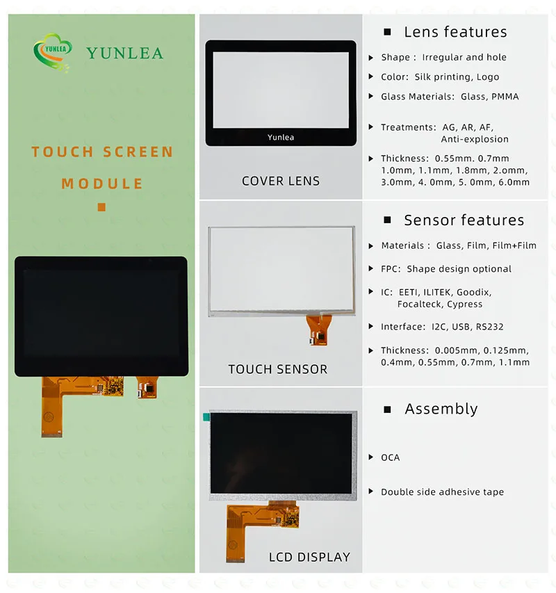 YUNLEA 450cd/m2 black silk printing 800x480 dots small size 5 inch tft lcd capacitive touch screen display module